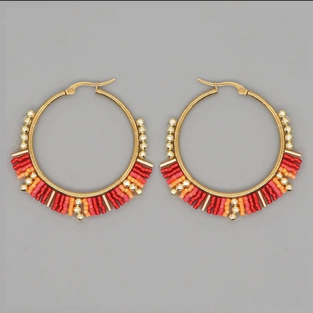 Vibrant Beaded Hoop Earrings Red & Orange Miyuki Rice Beads - Picture 8 of 11